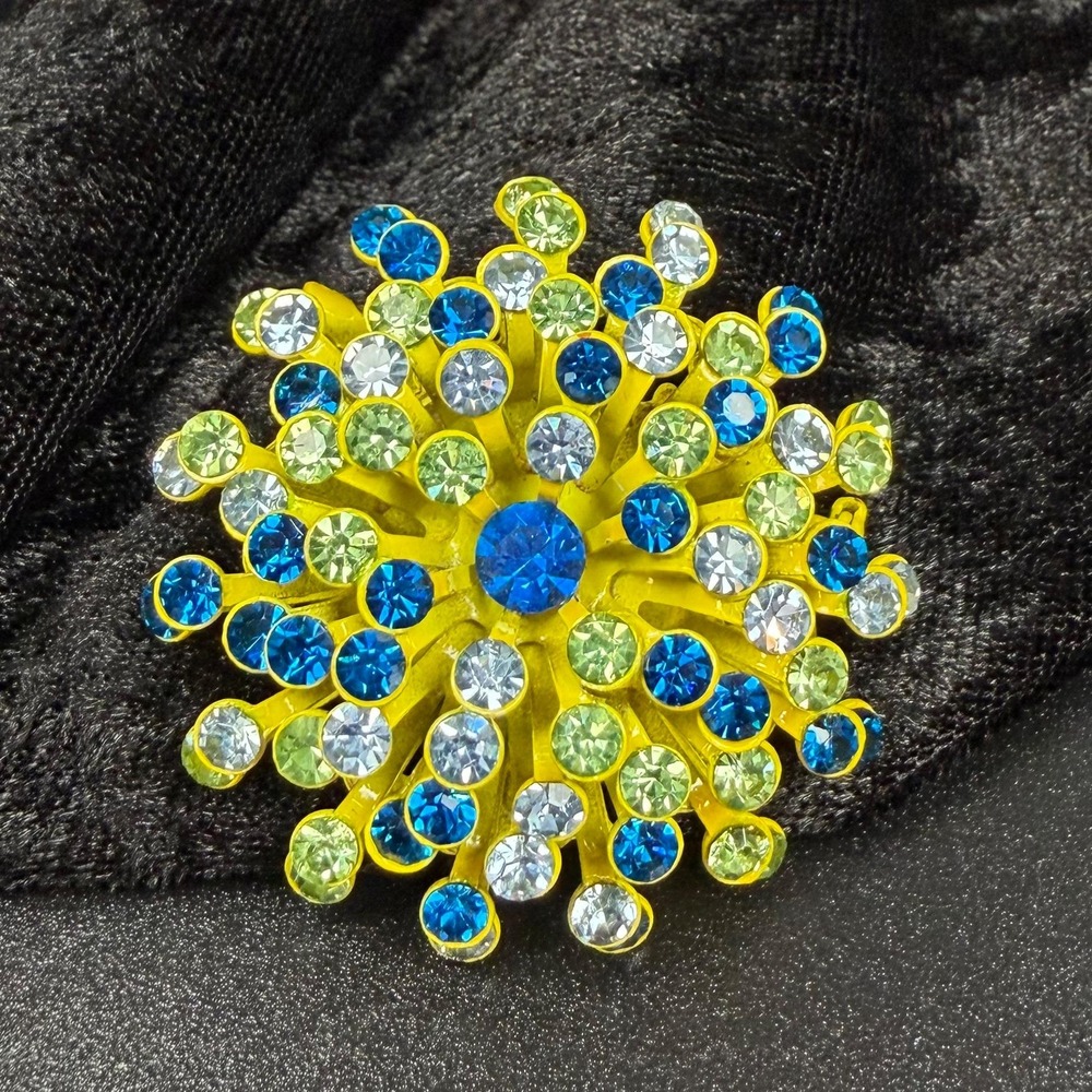 Vintage Atomic Brooch Yellow Blue Green Clear Rhinestones Sputnik Starburst - Picture 10 of 14